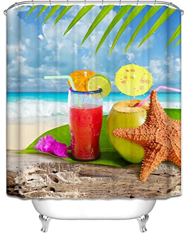 Duschvorhang Nach Maß Duschrollo Für Dusche Ohne Bohren Seestern Trinken Duschvorhang Schienensystem Badevorhang Glas Polyester Rostfreie Ösen Und 12 Hakenringe, 90X180Cm