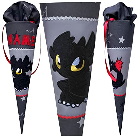 Drachen Schultüte passend zum Scout Dragon, schwarze Drache mit Flügeln, Schloss,Benutzerdefinierte, Genäht, für jungen, Wunschname
