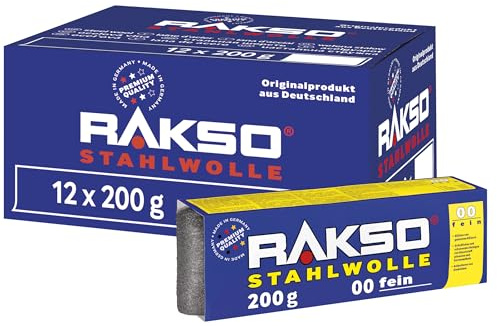 RAKSO Stahlwolle fein 00-2,4 kg, 12 Banderolen à 200g, glättet Hölzer, Reinigung Kunststoffjalousien, Gartenmöbel, aufpolieren Aluminium