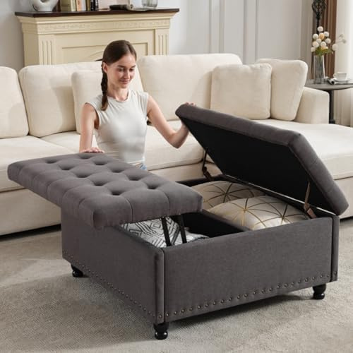 Tbfit Large Square Storage Ottoman Bench, Tufted Upholstered Coffee Table Ottoman with Lift Top & Wooden Legs, Oversized Storage Ottomans Toy Box for Living Room (Dark Grey)