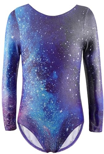 XiaoMoSha Gymnastics Leotards for Girls Long Sleeve Dance Leotard Sparkle Ballet Dancewear for Little Girls,BlueGalaxy,4-5 Years