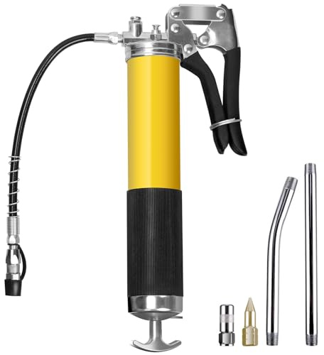 Keadic 7pcs 8000 PSI Grease Gun Kit, Heavy Duty Pistol Grip Grease Gun with 8 Inch Spring Flex Hose, 2 Working Coupler, 2 Extension Rigid Pipe and 1 Sharp Type Nozzle Fits Most Vehicle