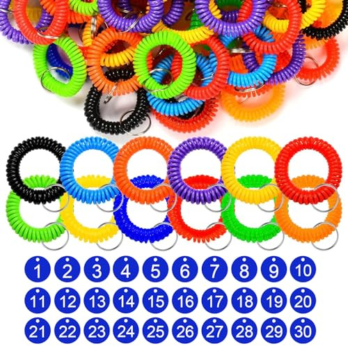 Bracelet Porte-Clés en Spirale avec Disques Numérotés Plastique - Extensible Dragonne Stretch Bobine