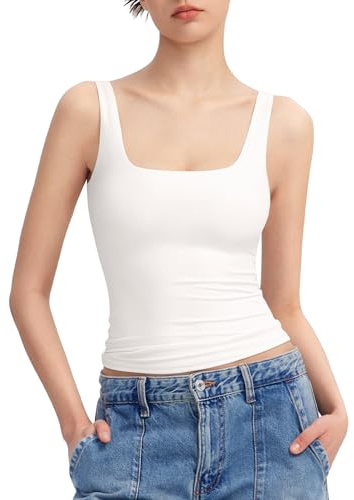 PUMIEY White Tank Tops for Women Square Neck Sleeveless Summer Tops, Splashed White Large
