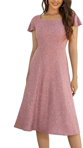 Berylove Robe de Cocktail Femme - Col Carré, Festive, Longue à Paillettes - Soirée, Bal Avec Manches - Invité de Mariage, Blush, L