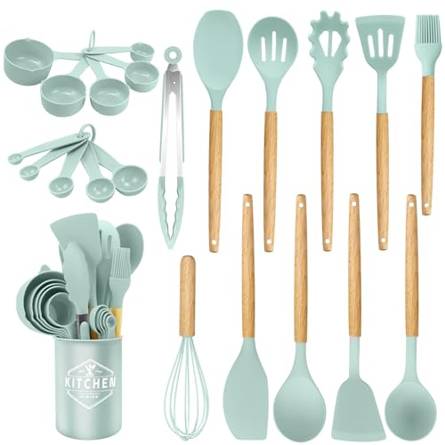 Utensilios de Cocina de Silicona 22 Piezas, set di utensili da cucina per pentole antiaderenti, al Calor y Antiadherentes con Mango de Madera para Utensilios sin BPA (Verde Claro)