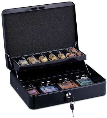 Relaxdays Caja de Dinero, con Cerradura, Hierro, Bandeja para Monedas y 4 Espacios para Billetes, 8,5x30,5x24,5cm, Negro