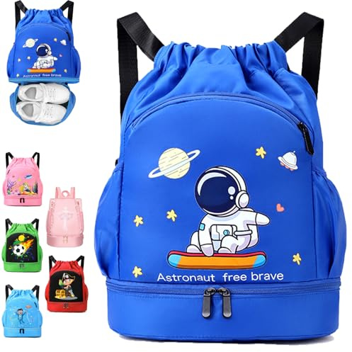 YOUYIKE Niños Mochila de Fitness, Deportiva Impermeable Bolsa de Playa, Bolsa para Viajes de Gimnasio, Adecuado Chico Chica Bolsa Deport, Mochila Con Cordón Astronauta, Azul Real