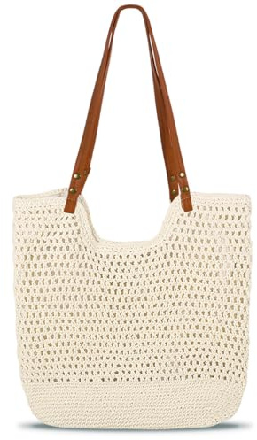 Crochet Beach Bags for Women, Large Capacity Summer Woven Beach Tote Bag Handbags Shoulder Bag, Handmade Boho Casual Knit Tote Bags for Beach Travel Holiday Vacation Work Shopping Daily Use (Beige)
