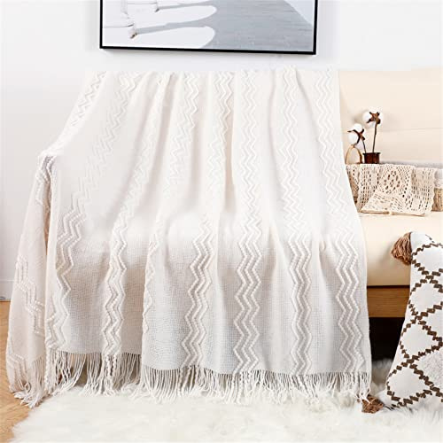 Hayisugal Sofadecke Wohndecke Boho Decke Weich Strick Decke mit Quaste Kuscheldecke Sofadecke Couch Outdoor Decke Überwurfdecke, Weiß, 150 x 200cm