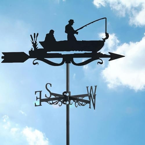 Wetterfahne Fischer - Fische, Edelstahl-Wetterfahne Mit Erdspieß Und Wandbefestigung, Windfahnen-Richtungsanzeige FüR Bauernhof, Hof, Gartenpavillon-Dekorationen(C)