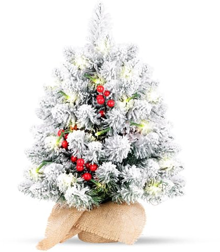 SHAVINGFUN Mini-Weihnachtsbäume 20 Zoll Mit 20 LED-Lichterketten, Künstlicher, Schneebedeckter Kiefern-Weihnachtsbaum, Weihnachtsdekorationsschmuck für die Feiertage