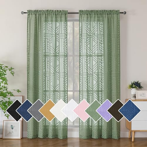Simplebrand Sage Green Sheer Curtains 72 Inch Length 2 Panels for Living Room, Light Filtering Geometric Jacquard Clip Textured Rod Pocket Semi Sheer Curtains for Front Back Patio Glass Door，42x72 in