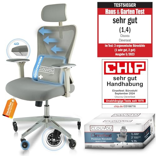 CLOUVOU CleverSeat Bürostuhl Ergonomisch [TESTSIEGER] | Drehstuhl 150kg Schreibtischstuhl | Büro Stuhl & Gaming Stuhl | Home Office Chair Ergonomic | Atmungsaktiver Computerstuhl