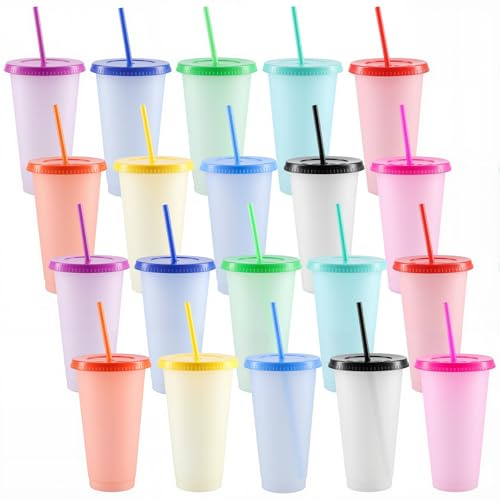 HEIHAK Paquete de 20 vasos de plástico de color de 24 onzas con tapas y popotes, vasos que cambian de color, vasos reutilizables para fiestas, tienda de té con leche, uso diario de agua potable