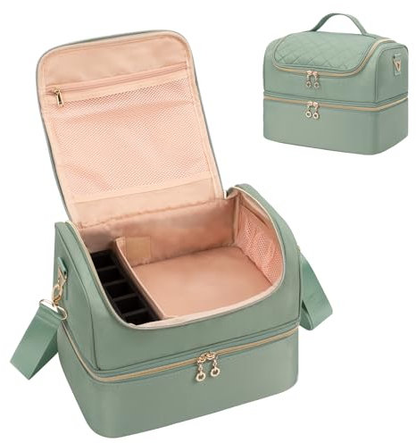 Nagellack Aufbewahrung, Doppelschicht Nagellack Organizer Tasche, Reise Nagellack Aufbewahrungsbox für 45 Flaschen Nagellack & Eine Nagellampe, Kosmetikkoffer Nagelkit Bag (Grün, 45 Flaschen)