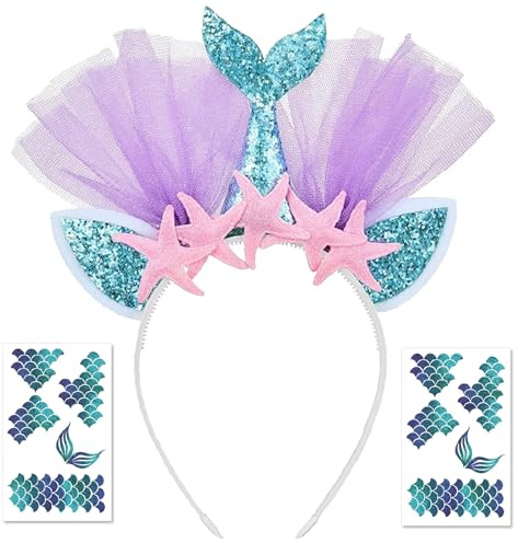 BOYATONG Meerjungfrau Haarreif Damen Mädchen, Karneval Faschingskostüme Accessoires mit 2 Blätter Meerjungfrau Gesichtstattoo, Universalgröße, Grün