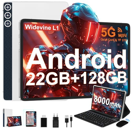 DMOAO Tablet 10 Zoll Android 14 mit 22GB RAM + 128GB ROM und 8-Core 2.0 GHz | TF 1TB erweiterbar, 8‑Core 2,0 GHz sowie BT 5.0, mit 5G WLAN, GPS und Face-ID, 2-in-1-Set mit Tastatur und Maus, Silber