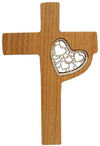 Kaltner Präsente Geschenkidee - Kleines Echtholz Wandkreuz aus Buche mit Herzen als Einlage/Ideal für die Fensternische/Kruzifix Kreuz (Höhe 12 cm)