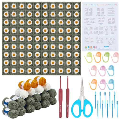WEBEEDY Kit de Couverture au Crochet pour Débutants Kit de Crochet de Carrés Granny Daisy pour Adulte avec Tutoriels Vidéo Étape Par Étape Fil à Aiguille à pour Tricot Facile (Vert),90x70cm