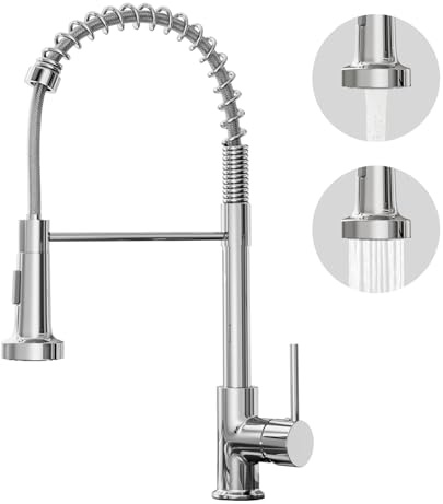 BESy Polished Chrome Kitchen Sink Tap, 2 Function Kitchen Sink Mixer Taps with Pull Out Spray, Stainless Steel High-Arc 360° Swivel Single Handle Spring Rv Taps