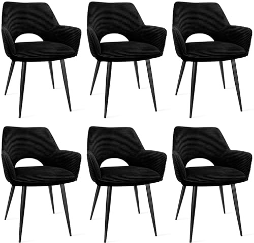 WAFTING Esszimmerstühle 6er Set, Armlehnstuhl mit Metallbeine, schwarz | Cord Stoff, Hohe Rückenlehne,Samt Stuhl,Küchenstühle,Wohnzimmerstuhl,Polsterstuhl,Restaurant,Schlafzimmer,Konferenzraum,Hotel