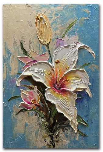 moshinart 24 x 36in Hand-Painted Oil Painting 3D Texture Black White Grey Modern Minimalist Black Abstract Wall Art, Home Office Wall Decoration Lily