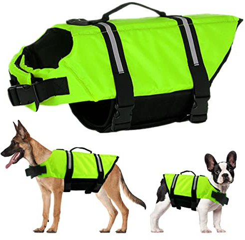 Hundflytväst, FainFun flytvästar för hundar med reflekterande remsor/justerbart bälte (grön, XL)