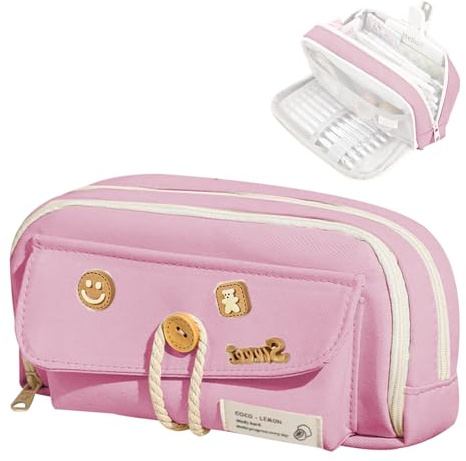 KASESSS Federmäppchen, Federmappe 4 Trennfach, Federtasche mit Dekorativen Aufnähern, Mäppchen Mädchen, Etui mit Reißverschluss, Pencil Case Aesthetic, Federtasche Mädchen für Schule Home Office Rosa