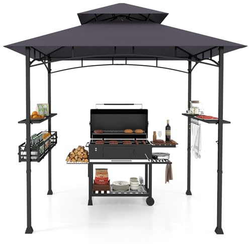 RELAX4LIFE Grillpavillon Wetterfest, mit Doppeldach, Grillüberdachung mit Seitenregalen, Ablagekorb, Haken & Flaschenöffner, BBQ Grill Pavillon, Outdoor Grillunterstand, Gartenpavillon (Dunkelgrau)
