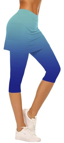Falda de tenis degradada para mujer, 2 en 1, leggings deportivos para mujer, 3/4 con falda de cintura alta, falda deportiva con pantalones, leggins deportivos de tres cuartos, para yoga, fitness, golf