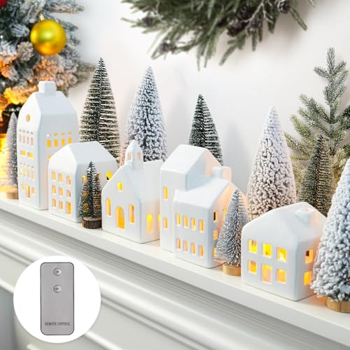 Zesua Christmas Decorations Indoor - Christmas Village Sets of 5 Ceramic Houses with LED Lights Remote and 9 Trees - Winter Rustic Farmhouse Home Holiday Xmas Decor for Mantel Tabletop Room