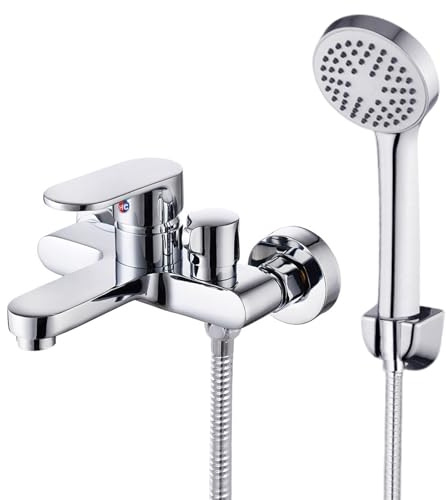 Bath Taps with Shower Attachment, Wall Mounted Bath Mixer Tap with Handheld Shower Head, Hose and Holder Set, Chrome Single Lever Bath Filler Faucet Bathroom Bathtub Mixer Tap with Handshower