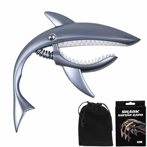 UPELLA Shark Guitar Capo With Velvet Bag, Premium Zinc Alloy Tone Clip Guitar Shark Capo for Acoustic Electric Folk Guitar, Mandolin, Bass, Ukulele (Chrome Silvery)