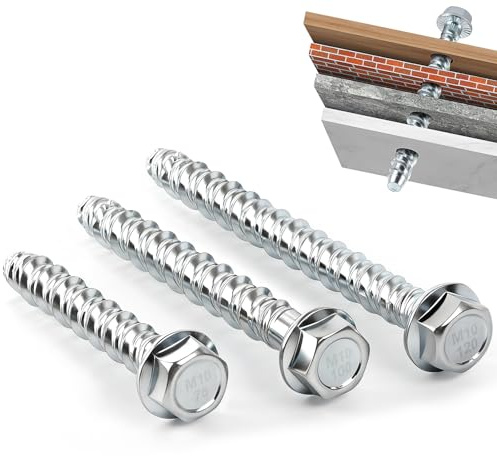 KOVSGQ betongskruvar utan pluggar M10 x 120 10 st. betongskruv sexkantshuvud, galvaniserade med skiva, väggskruvar för murverk, betong, tegelväggar