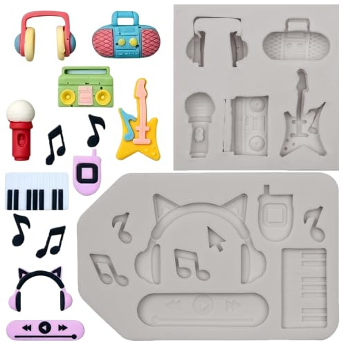 Musik-Silikonformen, 2-teilig | Kopfhörer-Gitarren-Mikrofon-Radio-Form, Musiknoten-Fondant, Kuchendekoration