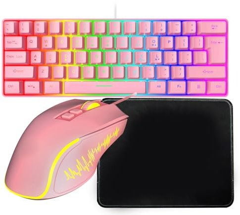 Fockety Combo tastiera e mouse, tastiera e mouse da gaming cablati retroilluminati RGB con tappetino per mouse per gaming e lavoro, funzione multimediale, design ergonomico, resistente (Set rosato)