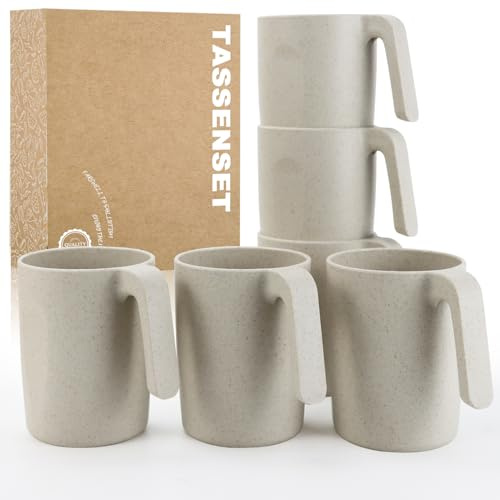 Wrova Kunststoff-Kaffeebecher, 6er-Set – Unzerbrechliche Große Becher 500 ml Mehrweg Kaffeebecher, Spülmaschinen- und Mikrowellengeeignet, Ideal für Tasse Camping– Beige