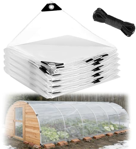 12x25ft Anti-Tear Clear Tarp Waterproof for Green House - 5 mil Anti-UV Windproof Greenhouse Plastic Cover Replacement with Grommets & Rope