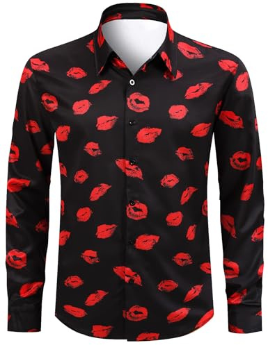 COSAVOROCK Valentines Shirt Men Red Lips Botton Shirts, Red Lips, L