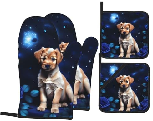Guanti da cucina presine WHJDPP Puppy Blue Rose Pattern ispessito pratico anti-scottatura isolamento termico per cottura in cucina