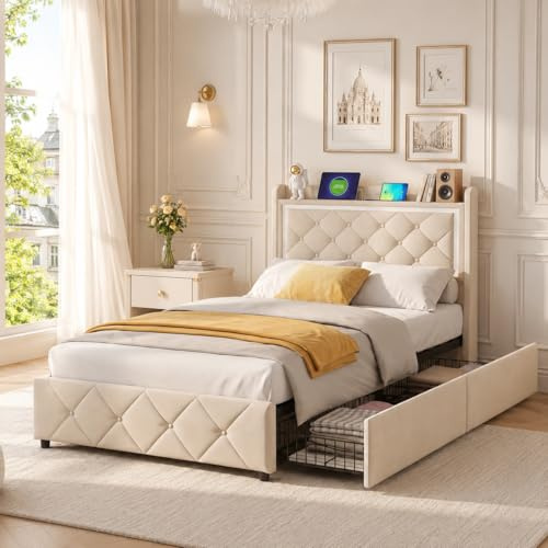 LieABak Polsterbett 90x200 cm mit 2 Schubladen, Einzelbett Bett mit Stauraum, Stauraumbett Schubladenbett mit Lattenrost, Jugendbett Funktionsbett Bettgestell, Beige, Samt (90x200cm)