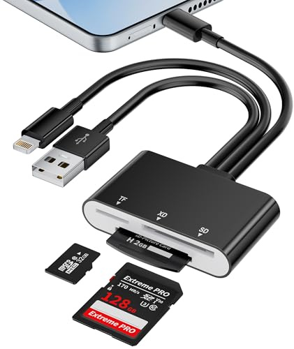 Lector de tarjetas XD con Lightning/USB-A/USB C, lector de tarjetas de memoria para tarjetas SD/TF/XD y cámaras digitales, para iPhone 17/16/15/14/13/12 iPad/Android/PC