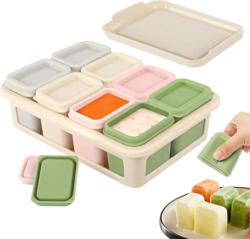 SYCEES 8 Stück Silikon Einfrieren Behälter 50ml Babynahrung Aufbewahrung Beikost Baby Zubehör mit Deckel Auslaufsicher Eiswürfelform mit Behälter BPA frei für Gemüse Eiswürfeln (Eiscremefarben)
