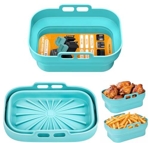 2 Piezas Azul Molde Silicona Freidora de Aire, Reutilizable Rectangular Bandejas para Air Fryer, Moldes Silicona Air Fryer, Molde Air fryer Silicona para Microondas, Horno, Freidora sin Aceite