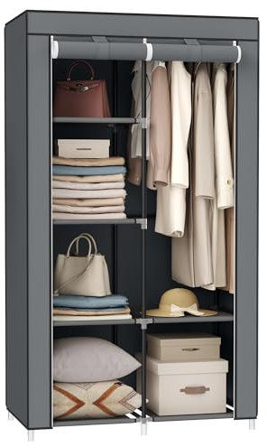 SONGMICS Kleiderschrank, Stoffschrank, 6 Ablagen, Verschiedene Aufbaumöglichkeiten, 88 x 45 x 168 cm, für Schlafzimmer, Ankleidezimmer, grau RYG84G