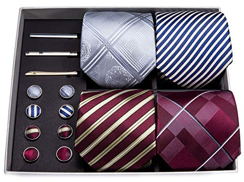 Barry.Wang Designer Mens Tie Collection, Eleagnt Gift Box Tie Clips Handkerchief Cufflink Set (Blue Red Silver)