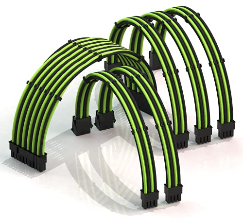 LINKUP - AVA 30cm PSU Cable Extension Sleeved Custom Mod GPU PC Braided w/Comb Kit - Compatible with RTX3090 | 1 x 24 P (20+4) | 2 x 8 P (4+4) CPU | 3 x 8 P (6+2) GPU set | 300mm - GreenBlack