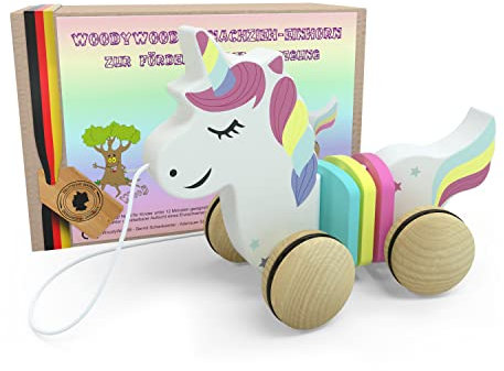 WoodyWood® Nachziehspielzeug Einhorn, Holzspielzeug für Babys und Kinder, Kinderspielzeug ab 1 Jahr zum Ziehen, Schieben, Spielen, Nachziehtier zur Förderung der Bewegung & Motorik