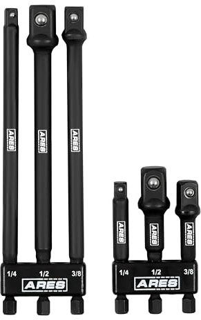 ARES 22025 – 6-Piece 3-Inch and 6-Inch Impact Grade Socket Adapter Set - Turns Impact Drill Driver into High Speed Socket Driver - 1/4-Inch, 3/8-Inch, and 1/2-Inch Drive with Storage Holder